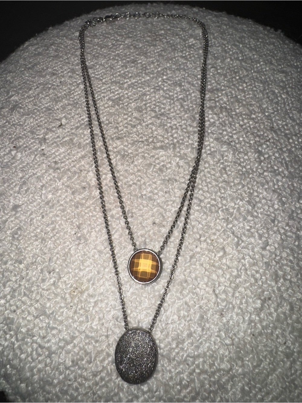 Layered Silver toned Necklace with Amber Plaid and Gunmetal Druzy Pendants
